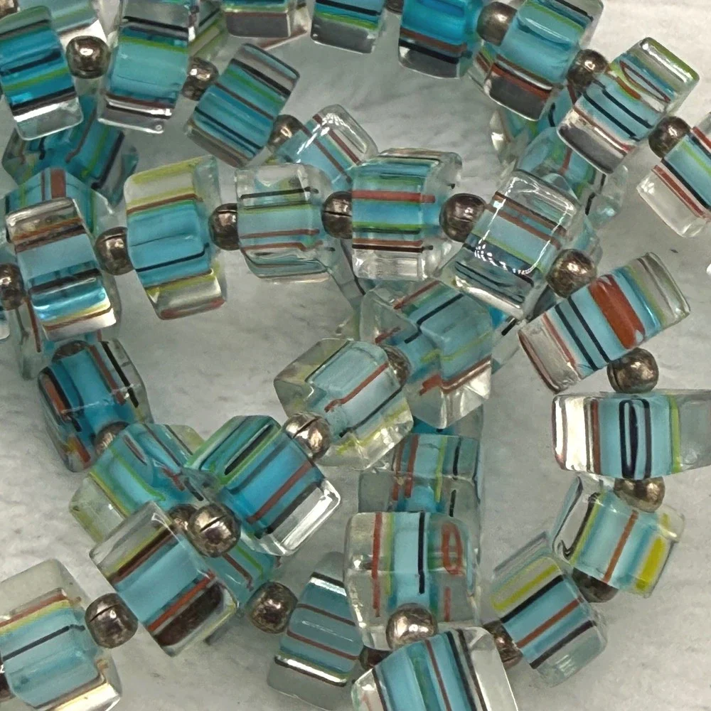 Vintage Handmade Necklace Blue Striped Glass Beaded Square Boho 18